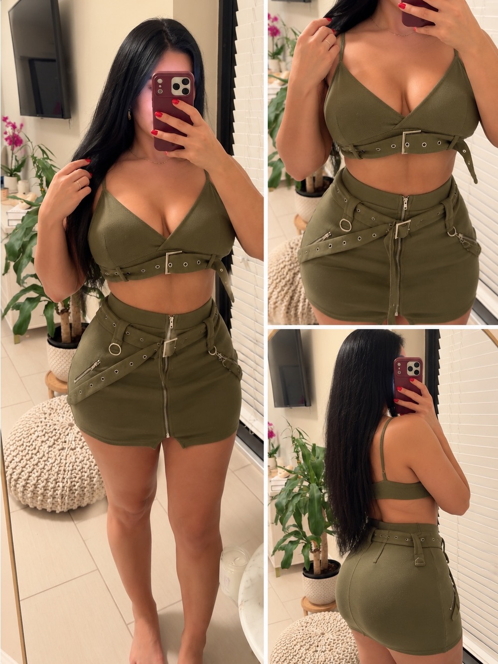 Olive Green Two-Piece Belted Mini Skirt Set